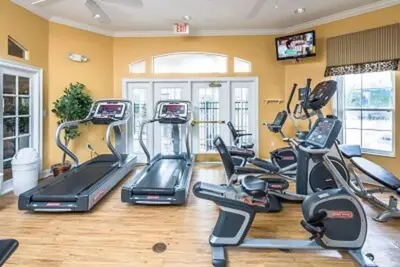 a gym with several cardio machines and a television at Lakeview w/8 Bedroom 5 KingSuite 3 miles to Disney in Kissimmee