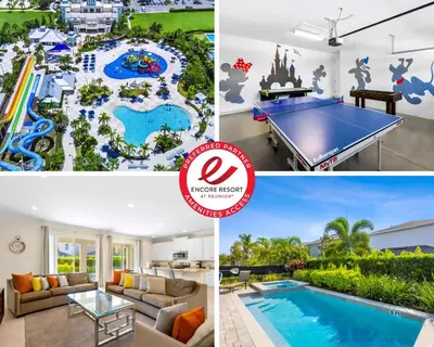 a collage of photos of a pool at a resort at Delightful Home Near Disney With Private Pool, Themed & Game Room With Waterpark & Resort Access At Encore Resorts Reunion - 451No in Kissimmee