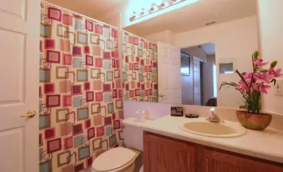 a bathroom with a sink and a toilet and a mirror at Emma Castle - private fenced home 3 miles to Disney in Kissimmee