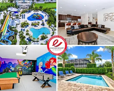 a collage of photos with a pool and a resort at Enchanting Home Near Disney With Game And Themed Rooms With Waterpark & Resort Access At Encore Resorts Reunion - 7403Mr in Kissimmee