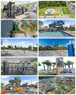 a collage of photos of a water park at 33 Disney Villa GameRoom Movie Theater Pool in Kissimmee