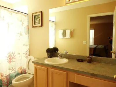 a bathroom with a sink and a toilet and a mirror at Edwin Island - Luxury home, Excellent location, Gated-Community in Kissimmee