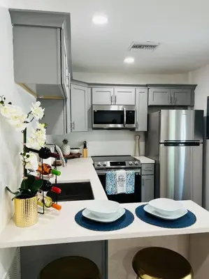 a kitchen with white cabinets and stainless steel appliances at Roy's guest house in Orlando
