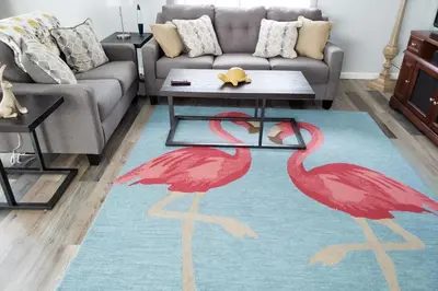 a living room with a couch and pink flamingos rug at Sanford Country Escape Fire Pit, Yard and Wildlife! in Sanford