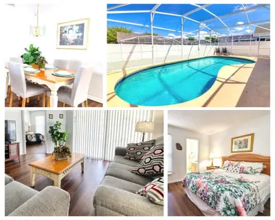 a collage of pictures of a house with a pool at Clear Creek 3 Bedroom Home Private Pool 15 Min to Disney in Orlando