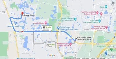 a map of a parking lot with a blue line on it at 3 bedrooms pool home Retreat Close to Disney in Orlando