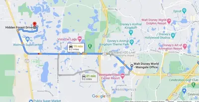 a map showing the location of a parking lot at 3 bedrooms pool home Hidden Forest in Orlando