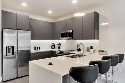a kitchen with stainless steel appliances and black cabinets at 3 bedrooms pool home Hidden Forest Resort Amenities in Orlando