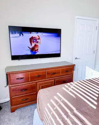 a flat screen tv on a dresser with a dog on it at WH7783TB-Windsor Hills- 10 guests - in Orlando