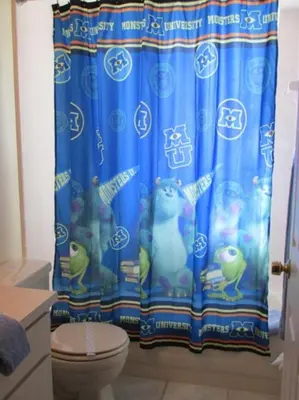 a bathroom with a blue shower curtain with a cat at Christine's Villa in Kissimmee
