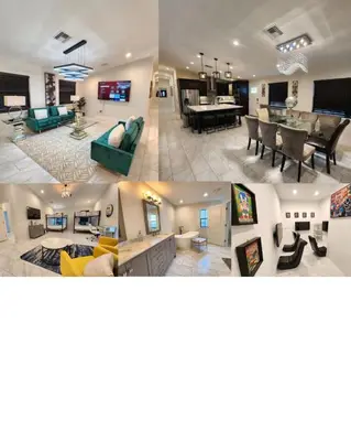 a collage of three pictures of a living room and dining room at The Villa Orlando College Park Sleeps16 - Monthly Stays in Orlando