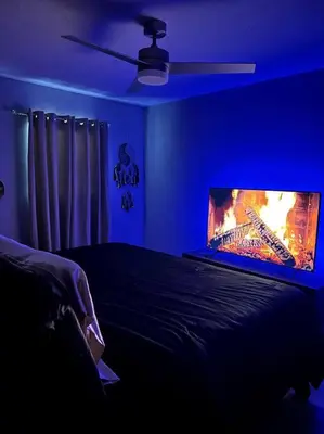 a bedroom with a bed in a blue room at 3brdrm home near Downtown Orlando and Winterpark in Orlando