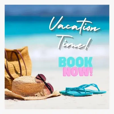 a sign that says vacation trust book now with a hat and sunglasses at 3brdrm home near Downtown Orlando and Winterpark in Orlando