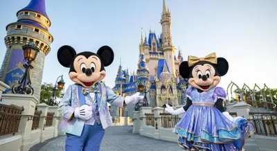 two people in mickey mouse costumes in front of disney castle at 2bdrm Home near Orl Fairgrd, Downtwn, Wekiva Sprng in Orlando