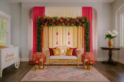 a living room with a stage with a chair and flowers at 4,800 sf Estate Pool Lake Weddings and Events in Orlando
