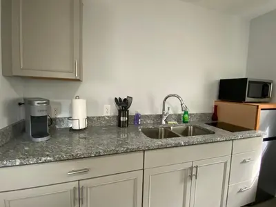 a kitchen counter with a sink and a microwave at The Oasis in Sanford