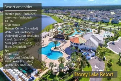 an aerial view of the water park at the resort at Storey Lake Townhome fun for families at Remy's Retreat in Kissimmee