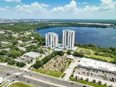 an aerial view of a city with a river and buildings at Orlando Apt 9th Floor 5 min from Disney in Orlando