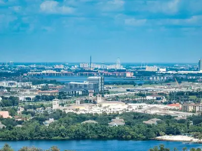 an aerial view of a city with a body of water at Renovated Condo Blue Heron 5 pax in Orlando