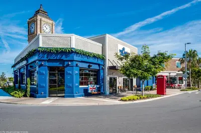 a blue building with a clock tower on a street at 2959 Castaway Lane in Orlando