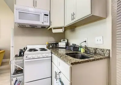 a kitchen with a sink and a stove and a microwave at Charming Lakeview Retreat III in Orlando