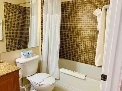 a bathroom with a toilet and a tub and a shower at Universal and Convention Center Best Resort Studio in Orlando