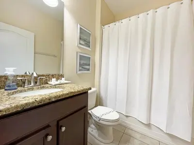 a bathroom with a toilet and a sink and a shower at Banana Palm Paradise home in Kissimmee