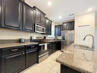 a kitchen with black cabinets and stainless steel appliances at Banana Palm Paradise home in Kissimmee