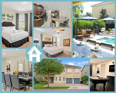 a collage of pictures of a home with a pool at 11 bd home Movie Room Close to Disney Sleeps 24 in Orlando