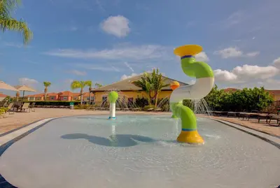 a fountain in a pool with a person in the water at 8960 Cat Palm Road in Kissimmee