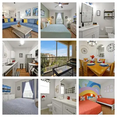 a collage of different pictures of a bedroom at Sunny Condo Retreat at Windsor Hills in Orlando