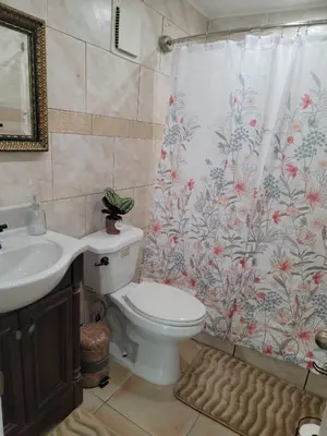 a bathroom with a toilet and a shower curtain at Pily's Vintage Stay Room Full Bed in Orlando