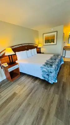 a bedroom with a large bed and two lamps at Hotel Monte Carlo in Kissimmee