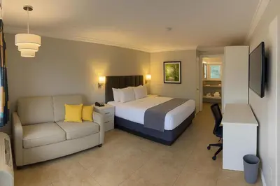 a bedroom with a bed and a couch and a desk at Orlando International Drive North Hotel in Orlando