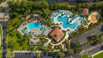 an overhead view of a pool at a resort at Prime Location 3 Suites Townhome Near Universal in Orlando