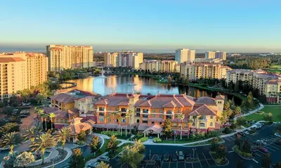 an aerial view of a city with buildings at Bonnet Creek Resort 1 Bedroom 1 BA Deluxe Villa in Orlando