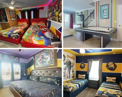 a collage of four pictures of a room with beds at 4323SL-Storey Lake Resort townhouse in Kissimmee