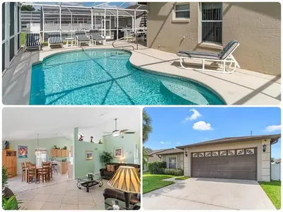 two pictures of a house with a swimming pool at 1589-IBRHAIM · Charming new 4bd in the heart of Kissimmee 1589 in Orlando