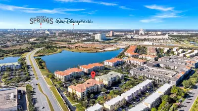 an aerial view of a city with a river and buildings at Top Floor*Balcony*VistaCay Convention Ctr & Idrive in Orlando