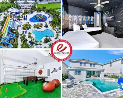 a collage of photos of a house with a pool and a resort at Stylish Home With Themed Rooms, Game Room And Waterpark & Resort Access Near Disney At Encore Resorts Reunion - 267Sf in Kissimmee