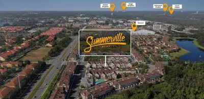 arial view of a city with a sign that reads summer village at Cozy 2024 New 3 Suites 5 min to Disney in Orlando