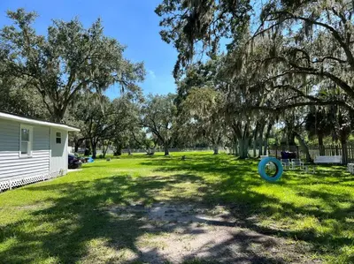 a yard with a house and trees and a frisbee at Home in Kissimmee with Huge Backyard in Kissimmee