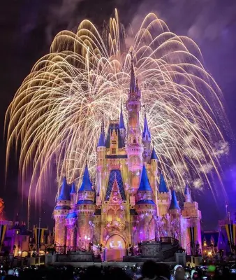a disney castle with fireworks in the background at Newly Renovated First Floor 3Bed & 2 Bath, OUTDOOR POOL, 10-min to Disneyworld & Animal Kingdom! in Kissimmee