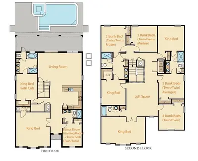 a floor plan of a house at Luxurious 10-Bed Lakefront Retreat Near Disney in Kissimmee