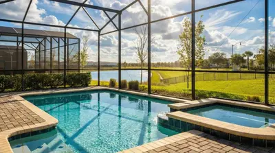 a swimming pool in a house with a view of a lake at Luxurious 10-Bed Lakefront Retreat Near Disney in Kissimmee