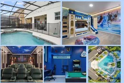 a collage of pictures of a pool and a house at Spacious 12BR Disney Themed Home Pool/SPA/BBQ/Game in Kissimmee