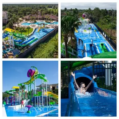 a collage of four pictures of a water park at T7676F Windsor Hills Resort 3Bed POOL Pet Friendly in Orlando