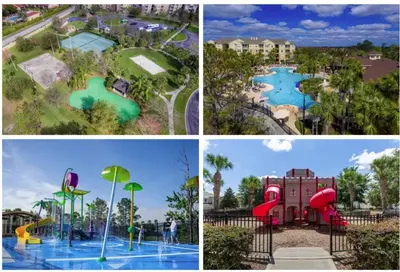 a collage of four pictures of a water park at T7674O Windsor Hills Resort 3Bedrm 2miles Disney in Orlando