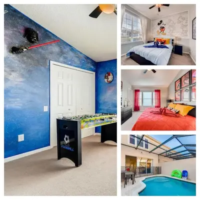 a collage of pictures of a bedroom and a room at T2367 Windsor Palm Resort Pool 3 miles to Disney in Kissimmee