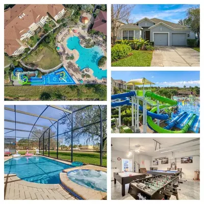 a collage of four pictures of a water park at H2713M Windsor Hills Resort 4Bedrm POOL SPA Disney in Orlando